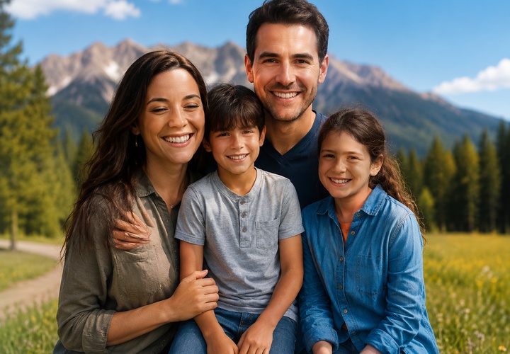Colorado family standing in a mountain meadow